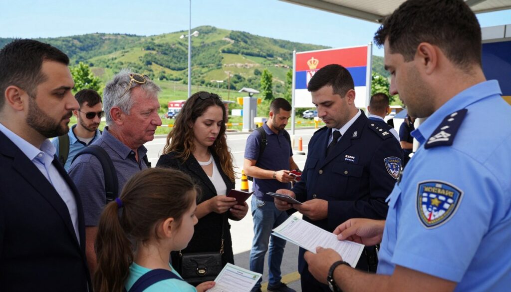A Serbian border crossing scene depicting a diverse group of travelers in professional business attire or modest casual clothing, interacting with border officials at an immigration checkpoint. The foreground features a family presenting their identification documents, while in the middle ground, a border officer reviews passports and identification cards against a backdrop of the Serbian flag. In the background, lush green hills and a clear blue sky create a warm atmosphere. The lighting is bright and natural, highlighting the earnest expressions of the travelers and the professionalism of the officials. The angle captures the hustle and bustle of the border, emphasizing the importance of compliance with local laws and regulations upon entry into Serbia.