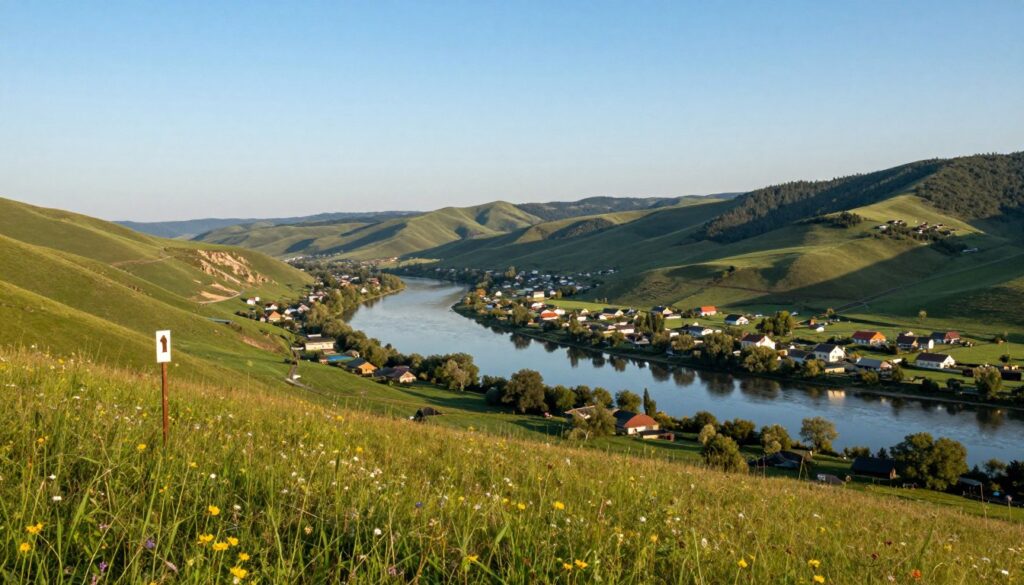 A beautiful landscape depicting the short border between Ukraine and Hungary, showcasing a serene mountainous region. In the foreground, a lush green field dotted with wildflowers transitions into a gentle slope leading to the border marker, which is subtly visible. The middle ground features a winding river that reflects the sky, with quaint villages dotted along its banks, highlighting the cultural ties of the region. In the background, majestic rolling hills stretch into the horizon under a clear blue sky, bathed in soft, warm sunlight, creating a peaceful atmosphere. The scene should evoke a sense of tranquility and natural beauty, capturing the essence of this unique border area. Shot with a wide-angle lens to encompass the vastness of the landscape, emphasizing the natural features and the harmony of the environment.