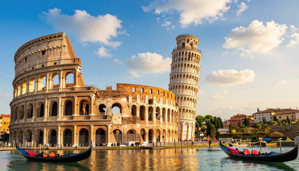 A beautifully arranged view of Italy’s most popular tourist attractions, featuring the Colosseum in Rome prominently in the foreground, its ancient arches bathed in warm sunlight. In the middle ground, capture the iconic Leaning Tower of Pisa, leaning dramatically against a backdrop of a vibrant blue sky with fluffy white clouds. Flanking the scene, include colorful gondolas floating in the canals of Venice, their reflections shimmering on the water. The background should showcase rolling hills of Tuscany dotted with cypress trees and quaint villages, creating a romantic ambiance. Soft, golden-hour lighting enhances the picturesque landscape, evoking wanderlust and the rich cultural heritage of Italy. The overall mood is inspiring and inviting, ideal for showcasing Italy's exquisite tourism.