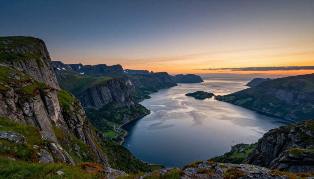 A breathtaking panoramic view of Norway's land and maritime borders, showcasing the lush, rugged terrain of its western coastline juxtaposed with the serene waters of the North Atlantic. In the foreground, depict a lush green fjord with towering cliffs layered in rich textures. The middle ground features a subtle transition to the blue ocean, dotted with gently rolling waves and majestic islands. In the background, capture a dramatic sky at sunset, casting warm golden and orange hues over the landscape, while the first stars begin to twinkle in the deepening blue sky. The atmosphere should evoke a sense of tranquility and majesty, highlighting Norway as a gateway between land and sea, with soft, natural lighting illuminating the scene.
