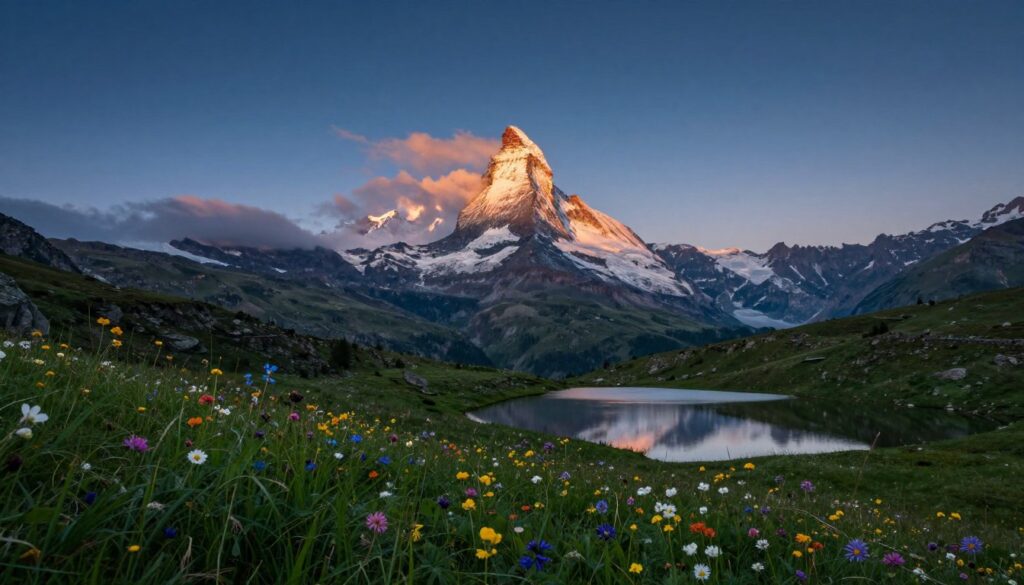 A breathtaking view of Mont Blanc, the highest peak in the Alps, dominating the foreground with its snow-capped summit reflecting the soft golden light of a sunset. In the middle ground, a vast expanse of lush green alpine meadows dotted with colorful wildflowers stretches towards the majestic mountain. Wisps of clouds delicately wrap around the peak, adding a touch of mystery. In the background, deep blue skies transition into twilight hues, enhancing the tranquil atmosphere. A serene lake nestled among the meadows mirrors the landscape, creating a harmonious balance. The scene captures the essence of natural boundaries, embodying the role of the Alps in defining regions, framed by the dramatic mountain backdrop. Use a wide-angle lens for depth, emphasizing the grandeur of Mont Blanc. A breathtaking view of Mont Blanc, the highest peak in the Alps, dominating the foreground with its snow-capped summit reflecting the soft golden light of a sunset. In the middle ground, a vast expanse of lush green alpine meadows dotted with colorful wildflowers stretches towards the majestic mountain. Wisps of clouds delicately wrap around the peak, adding a touch of mystery. In the background, deep blue skies transition into twilight hues, enhancing the tranquil atmosphere. A serene lake nestled among the meadows mirrors the landscape, creating a harmonious balance. The scene captures the essence of natural boundaries, embodying the role of the Alps in defining regions, framed by the dramatic mountain backdrop. Use a wide-angle lens for depth, emphasizing the grandeur of Mont Blanc.