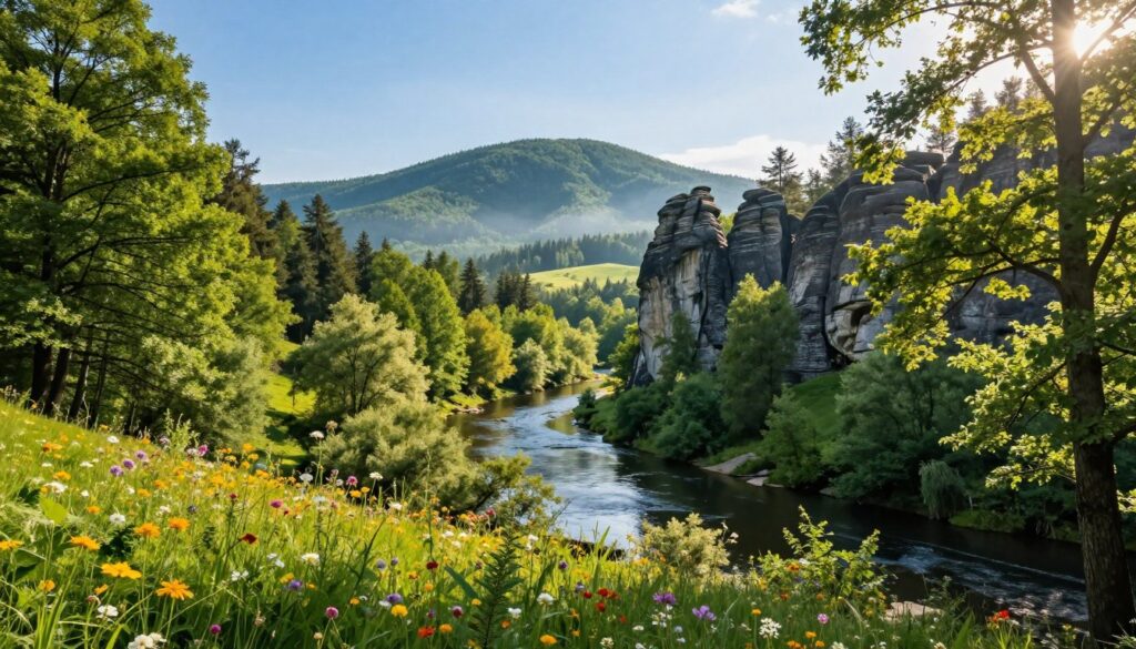 A breathtaking view of Świętokrzyski Park Narodowy, showcasing lush green forests and rolling hills of the Świętokrzyskie Mountains in the foreground, with majestic limestone rock formations and vibrant wildflowers adding color. In the middle ground, a tranquil river winds through the park, reflecting the clear blue sky. Towering trees create a natural canopy, casting dappled sunlight that filters through the leaves, creating an inviting ambiance. In the background, the iconic Łysica peak rises, shrouded in gentle mist, under a bright sunlit sky. The scene conveys tranquility and connection to nature, with a sense of serene exploration and adventure, perfect for illustrating the heart of this beautiful region.