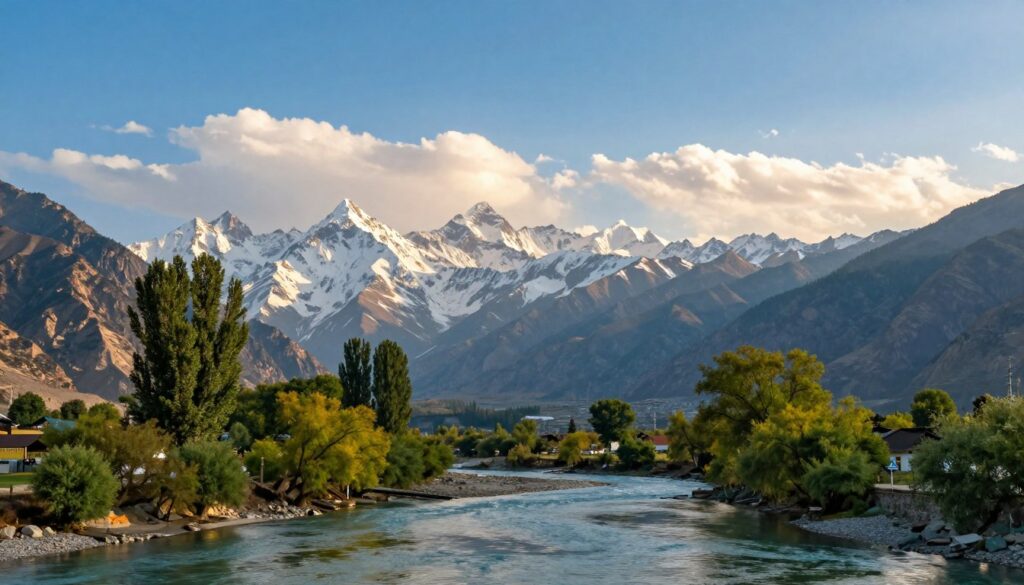 A breathtaking view of the Kashmir region, capturing the serene beauty of its mountainous landscape. In the foreground, a tranquil river reflects the azure sky, flanked by vibrant green trees. In the middle ground, majestic, snow-capped peaks rise dramatically, symbolizing the tension between India and Pakistan over this disputed territory. The background showcases a bright, clear sky with soft, fluffy clouds, creating a peaceful atmosphere despite the underlying conflict. The lighting is warm and inviting, as if capturing the golden hour just before sunset. The perspective is wide-angle, allowing the viewer to take in the vastness of the landscape. The overall mood is one of contrast—natural beauty intertwined with historical significance. A breathtaking view of the Kashmir region, capturing the serene beauty of its mountainous landscape. In the foreground, a tranquil river reflects the azure sky, flanked by vibrant green trees. In the middle ground, majestic, snow-capped peaks rise dramatically, symbolizing the tension between India and Pakistan over this disputed territory. The background showcases a bright, clear sky with soft, fluffy clouds, creating a peaceful atmosphere despite the underlying conflict. The lighting is warm and inviting, as if capturing the golden hour just before sunset. The perspective is wide-angle, allowing the viewer to take in the vastness of the landscape. The overall mood is one of contrast—natural beauty intertwined with historical significance.