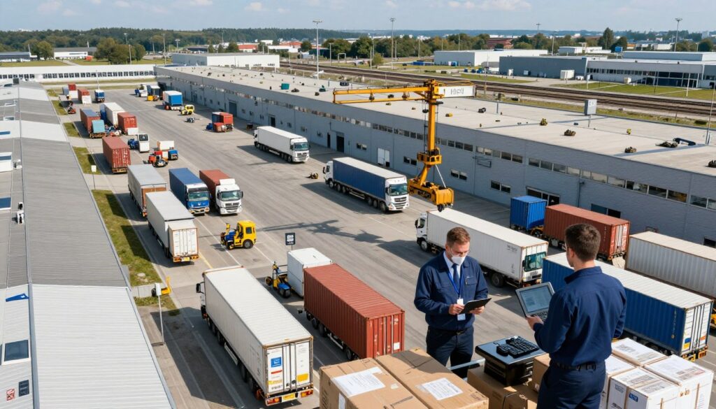 A bustling logistics center with expansive warehouses and distribution facilities, set in a modern industrial park. In the foreground, there are professional workers in business attire overseeing operations, coordinating shipments, and using digital devices. The middle ground features large delivery trucks and containers being loaded and unloaded, with cranes moving cargo. In the background, a network of roads and railways crisscross, indicating efficient connectivity across Europe. The scene is bathed in bright afternoon sunlight, casting sharp shadows and highlighting the infrastructure. The atmosphere is dynamic and industrious, reflecting the essence of Germany as a continental logistics hub, with clear skies and vibrant activity. The image should evoke a sense of efficiency, organization, and modernity.