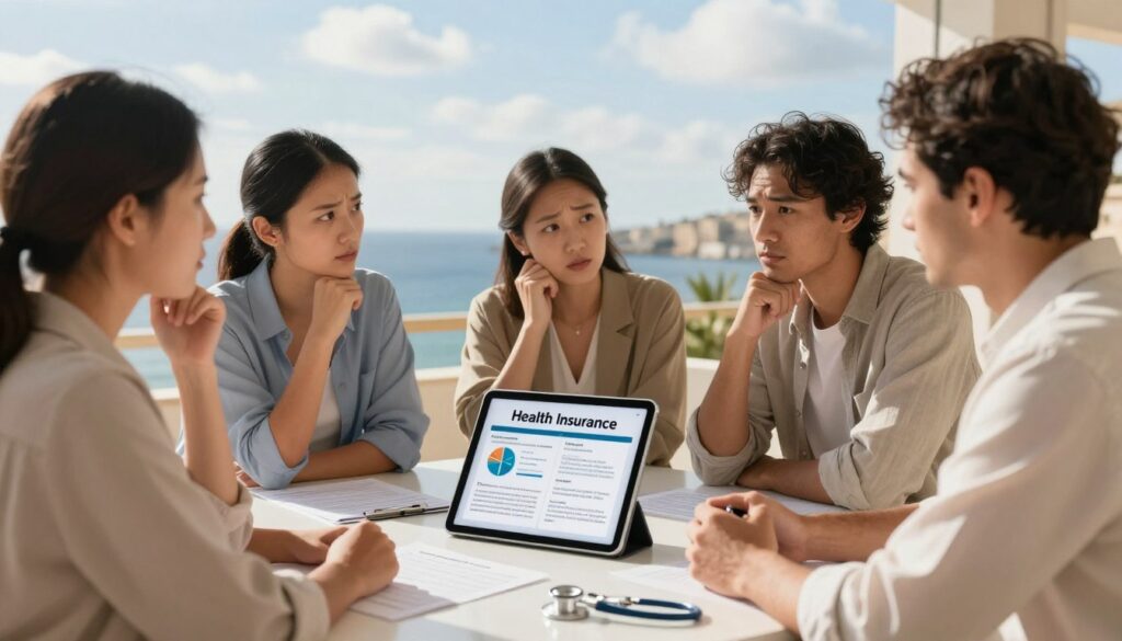 A calm and professional scene illustrating health insurance and medical care. In the foreground, a diverse group of people in smart casual attire discussing insurance options, showing expressions of concern and reassurance. In the middle, a digital tablet displaying a health insurance policy, with infographics highlighting coverage details. Surrounding them are subtle visual elements representing healthcare, such as a stethoscope and medical forms softly blurred. In the background, a serene Malta coastal view with bright sunlight filtering through clouds, enhancing the relaxed holiday atmosphere. The overall mood should convey a sense of security and preparedness for health care while traveling, emphasizing trust and accessibility in health insurance. Use natural lighting, focusing on a slightly angled view to create depth. A calm and professional scene illustrating health insurance and medical care. In the foreground, a diverse group of people in smart casual attire discussing insurance options, showing expressions of concern and reassurance. In the middle, a digital tablet displaying a health insurance policy, with infographics highlighting coverage details. Surrounding them are subtle visual elements representing healthcare, such as a stethoscope and medical forms softly blurred. In the background, a serene Malta coastal view with bright sunlight filtering through clouds, enhancing the relaxed holiday atmosphere. The overall mood should convey a sense of security and preparedness for health care while traveling, emphasizing trust and accessibility in health insurance. Use natural lighting, focusing on a slightly angled view to create depth.