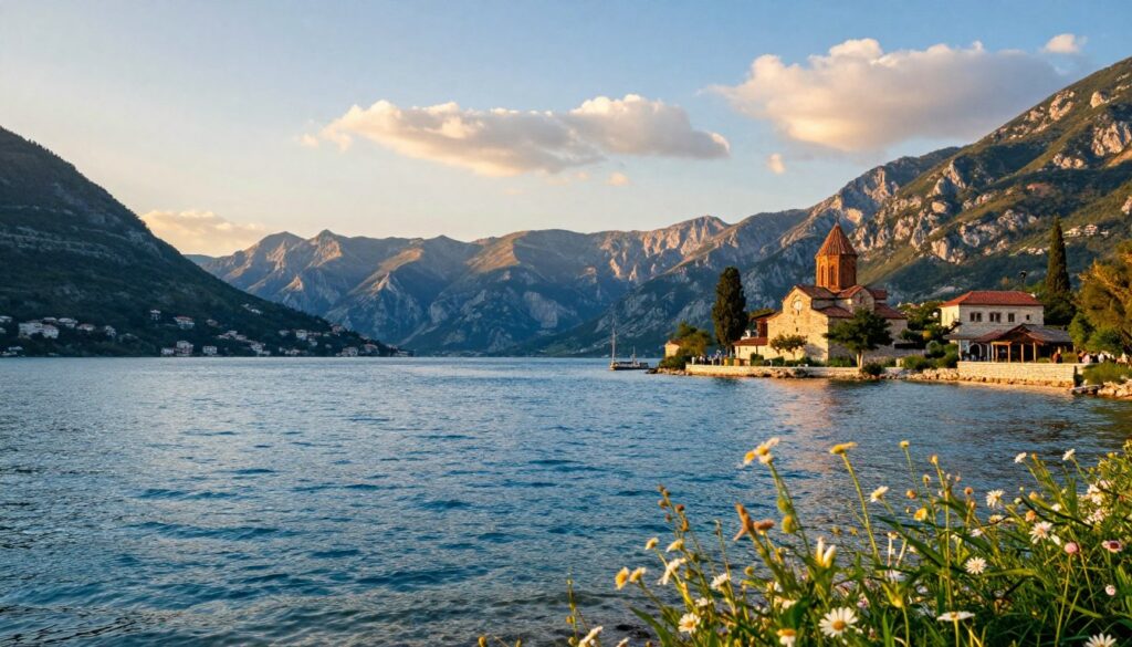 A captivating view of Lake Ohrid in North Macedonia, showcasing its stunning blue waters that shimmer under golden sunset light. In the foreground, delicate wildflowers can be seen growing along the lake's edge, inviting a sense of tranquility. The middle ground features the dramatic, ancient architecture of churches and a serene shoreline, while the striking mountains rise majestically in the background. The atmosphere is peaceful and serene, accentuated by soft clouds in the sky. Use a wide-angle lens to capture the vastness of the landscape, focusing on the interplay between nature and heritage. Emphasize the deep blues and greens of the water and surrounding foliage to create a vibrant, inviting scene.