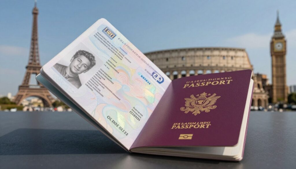 A close-up composition of a modern passport prominently displayed in the foreground, with a blurred background showing iconic European landmarks like the Eiffel Tower, Colosseum, and Big Ben. The passport should be opened to reveal the personal information page, with a focus on the elegant design featuring intricate patterns and a holographic emblem. Soft, ambient lighting creates a professional atmosphere, enhancing the sophistication of the image. The scene captures the essence of travel and documentation, symbolizing the need for a passport when visiting various European countries. Incorporate subtle shadows and reflections to add depth, while ensuring the overall tone remains informative and respectful, suitable for an educational article. A close-up composition of a modern passport prominently displayed in the foreground, with a blurred background showing iconic European landmarks like the Eiffel Tower, Colosseum, and Big Ben. The passport should be opened to reveal the personal information page, with a focus on the elegant design featuring intricate patterns and a holographic emblem. Soft, ambient lighting creates a professional atmosphere, enhancing the sophistication of the image. The scene captures the essence of travel and documentation, symbolizing the need for a passport when visiting various European countries. Incorporate subtle shadows and reflections to add depth, while ensuring the overall tone remains informative and respectful, suitable for an educational article.