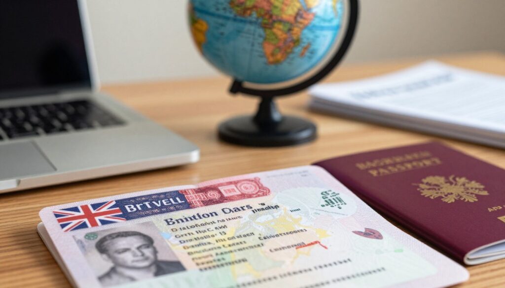 A close-up depiction of a British visa document, prominently displayed in the foreground on a wooden desk. The visa is partially open, revealing important details, with a passport to the side, suggesting travel and entry requirements. In the middle ground, a globe or map of the United Kingdom emphasizes the destination, while the background is softly blurred to highlight the subject; it features subtle elements like a laptop and an immigration guidebook, reflecting a professional setting. The lighting is warm and inviting, creating a focused atmosphere, with a soft focus effect. Capture the essence of travel documentation, emphasizing clarity and professionalism, without any human subjects or additional distractions.