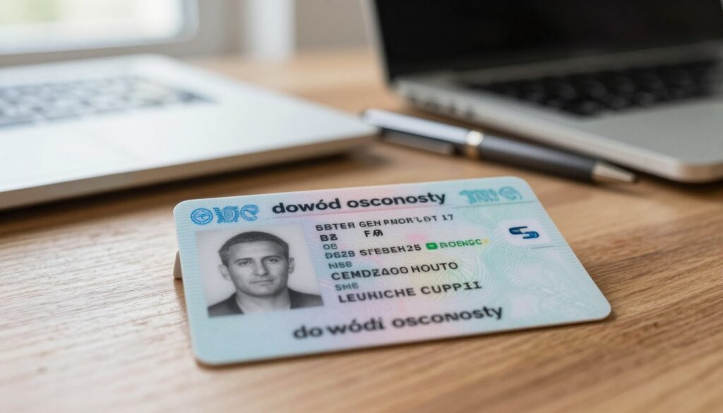 A close-up image of a Polish identity card ("dowód osobisty") laid on a wooden table. The card is displayed prominently in the foreground, capturing intricate details such as the holographic elements, official seals, and identification information in a secure layout. In the background, a soft-focus laptop and a pen can be seen, subtly suggesting a work environment. Natural light filters in from a nearby window, casting gentle shadows and creating a warm, professional atmosphere. The image should evoke feelings of trust and importance, emphasizing the role of the identity card as a fundamental document of personal identity. The overall composition is balanced and clean, enhancing clarity without distractions.