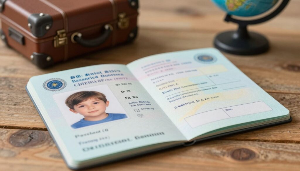 A close-up image of a child’s travel document, featuring vivid details such as an official watermark, child’s photo, and personal information fields. The document is open on a rustic wooden table, with a soft light illuminating it from the side, creating gentle shadows. In the background, slightly blurred, there are travel-related items like a small suitcase and a globe, enhancing the travel theme. The focus is sharp on the document while the background suggests an adventurous atmosphere, evoking excitement for upcoming travel. The overall mood should be warm and welcoming, conveying the importance of proper documentation for minors traveling abroad. A close-up image of a child’s travel document, featuring vivid details such as an official watermark, child’s photo, and personal information fields. The document is open on a rustic wooden table, with a soft light illuminating it from the side, creating gentle shadows. In the background, slightly blurred, there are travel-related items like a small suitcase and a globe, enhancing the travel theme. The focus is sharp on the document while the background suggests an adventurous atmosphere, evoking excitement for upcoming travel. The overall mood should be warm and welcoming, conveying the importance of proper documentation for minors traveling abroad.