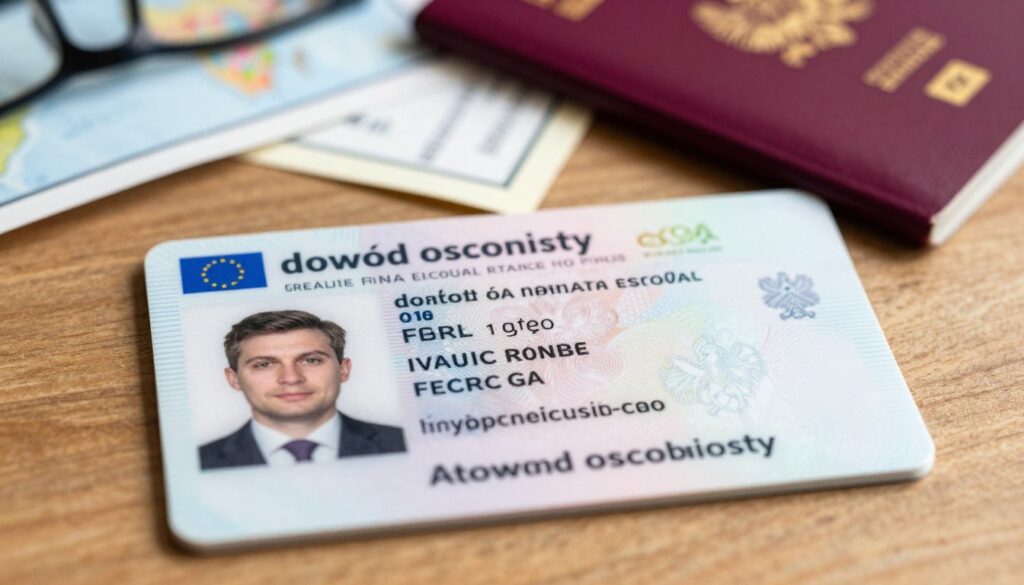 A close-up of a Polish national ID card ("dowód osobisty") lying flat on a wooden table. The card features a prominent photograph of a professional-looking individual in business attire, ensuring a clean and clear image. The background is softly blurred, showcasing a European passport and travel-related documents in warm, inviting tones, creating a sense of travel readiness. Bright, natural lighting illuminates the card, highlighting the details of the biometric features, the Polish eagle emblem, and the cheery color palette indicative of EU documentation. The atmosphere is informative yet inviting, perfect for illustrating visa requirements in the context of traveling to France.