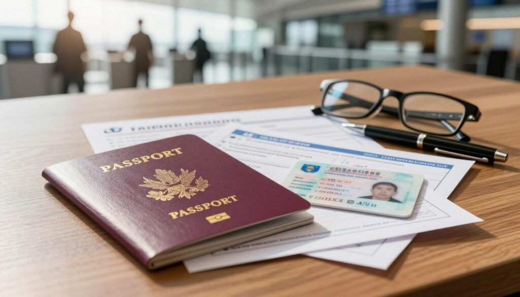 A close-up of a neatly arranged set of identity documents, including a passport, driver's license, and travel insurance papers, displayed on a wooden table. The foreground should capture the rich textures of the documents, emphasizing the logos and details, while a pair of professional eyeglasses and a pen lie beside them, suggesting preparation for travel. In the background, softly blurred, silhouettes of a passport control booth and an airport terminal can be seen, hinting at international travel. The lighting is warm and natural, simulating sunlight filtering through a nearby window, creating an organized and inviting atmosphere, showcasing the importance of having the right paperwork at hand before crossing the border.