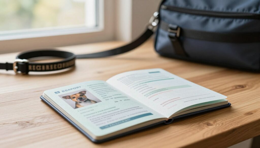 A close-up of an animal passport, opened to show detailed information, sitting on a wooden table. The foreground features the passport with pet identification details, including a photo of a small dog and vaccination records. The middle layer showcases a cozy, well-lit environment with pet travel accessories like a collar, leash, and travel bag. The background includes a softly blurred image of a window with sunlight streaming in, creating a warm and inviting atmosphere. The lighting is natural, emphasizing the textures of the passport and surrounding objects. Capture a calm, informative mood reflecting the importance of pet travel documentation.