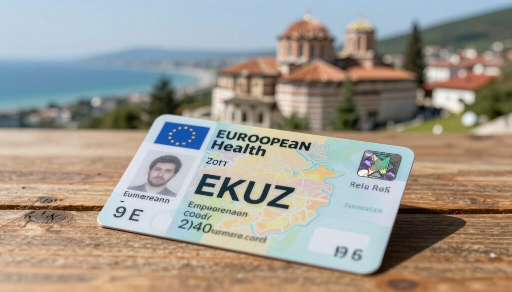 A close-up of the European Health Insurance Card (EKUZ) placed on a rustic wooden table, with soft natural lighting highlighting its unique features. The card is slightly angled to show details such as the EU flag, personal information, and the distinctive holographic elements. In the background, a blurred image of popular Bulgarian landmarks like the Rila Monastery and the Black Sea coast creates a travel atmosphere, evoking a sense of adventure and exploration. The overall mood is informative yet inviting, with warm tones that convey a sense of reliability and safety. No human figures are present, ensuring focus remains on the EKUZ card itself.