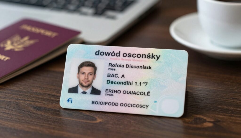 A close-up view of a Polish national ID card ("dowód osobisty"), elegantly displayed on a sleek, dark wooden desk. The ID card features vibrant colors with clear text and an official photo of a generic individual dressed in professional business attire. Light from a soft overhead source creates gentle shadows, enhancing the card’s details. In the background, out-of-focus elements include a passport, a laptop, and a cup of coffee, symbolizing a workspace environment. The atmosphere is calm and professional, capturing the essence of documentation requirements for employment. The card should be the clear focal point, without any text overlays or distractions.