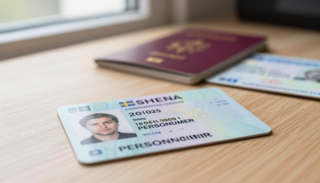 A close-up view of a Swedish personnummer card resting on a clean wooden desk, illuminated by soft, natural light filtering in through a nearby window. The foreground features the card in sharp detail, showcasing its design, which includes the unique identification number and subtle Swedish motifs. In the background, blurred images of travel documents, such as a passport and a residency permit, hint at formalities related to living and working in Sweden. The atmosphere is professional yet inviting, reflecting the importance of legal documentation for expatriates. The scene is captured with a shallow depth of field, emphasizing the personal nature of the personnummer while maintaining an organized workspace aesthetic. A close-up view of a Swedish personnummer card resting on a clean wooden desk, illuminated by soft, natural light filtering in through a nearby window. The foreground features the card in sharp detail, showcasing its design, which includes the unique identification number and subtle Swedish motifs. In the background, blurred images of travel documents, such as a passport and a residency permit, hint at formalities related to living and working in Sweden. The atmosphere is professional yet inviting, reflecting the importance of legal documentation for expatriates. The scene is captured with a shallow depth of field, emphasizing the personal nature of the personnummer while maintaining an organized workspace aesthetic.