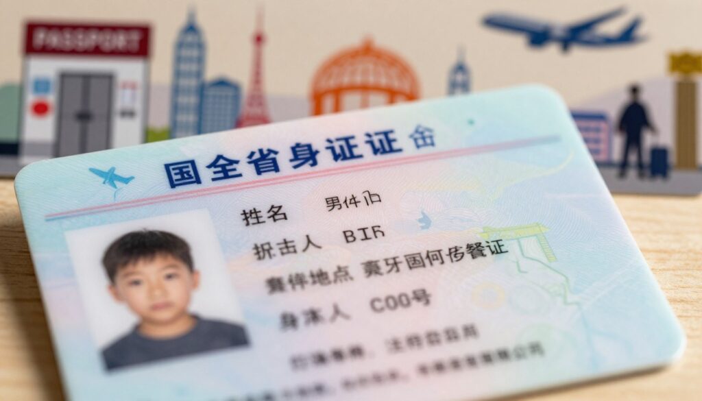 A close-up view of a child’s identification document, showcasing a colorful design with stylized elements representing travel. The document has spaces for a child’s photograph, personal information, and official stamps. In the foreground, the legal details are emphasized with clarity and precision. The middle section features a soft-focus effect highlighting the document’s design, while a subtle, blurred background includes a travel-themed setting with iconic landmarks like a passport control booth and airplane silhouettes. Warm lighting casts a reassuring glow, creating a mood of safety and readiness for travel. The composition is balanced and professional, portraying the importance of proper documentation for children when traveling.