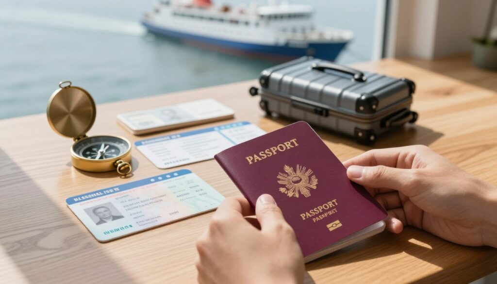 A close-up view of essential travel documents required for ferry travel, including a passport and a national ID card, neatly arranged on a wooden table. In the foreground, a pair of hands lightly touches the passport, conveying a sense of preparation and anticipation. The middle layer showcases a variety of travel-related items: a compass, a small suitcase, and a boarding pass, all suggesting a journey ahead. The background features a soft-focus image of a ferry on calm waters, reflecting a serene and inviting atmosphere. Natural lighting streams in from a nearby window, casting gentle shadows and enhancing the overall warmth of the scene. The mood is optimistic and organized, emphasizing readiness for travel. A close-up view of essential travel documents required for ferry travel, including a passport and a national ID card, neatly arranged on a wooden table. In the foreground, a pair of hands lightly touches the passport, conveying a sense of preparation and anticipation. The middle layer showcases a variety of travel-related items: a compass, a small suitcase, and a boarding pass, all suggesting a journey ahead. The background features a soft-focus image of a ferry on calm waters, reflecting a serene and inviting atmosphere. Natural lighting streams in from a nearby window, casting gentle shadows and enhancing the overall warmth of the scene. The mood is optimistic and organized, emphasizing readiness for travel.