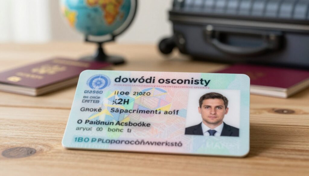 A detailed Romanian identity card ("dowód osobisty") prominently displayed on a wooden table. The card features vibrant colors and intricate security patterns, showcasing personal details and a photo of a professional-looking individual dressed in business attire. In the background, slightly blurred, are travel-related items such as a passport, a small globe, and a suitcase, subtly hinting at international travel. Soft, natural lighting filters in from the left, creating a warm and inviting atmosphere that emphasizes the importance of proper documentation. The camera angle is slightly tilted downward, focusing on the identity card while capturing the context of preparation for a journey across borders, evoking a sense of travel readiness.