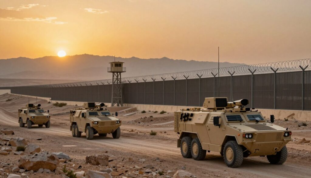 A detailed and dynamic image depicting Israel's border security infrastructure, set against a panoramic view of the surrounding region. In the foreground, armored vehicles and surveillance equipment positioned strategically along the rugged terrain, showcasing state-of-the-art technology. In the middle ground, a fortified border with barbed wire and watchtowers, emphasizing vigilance and preparedness. The background features a hazy horizon with the silhouette of neighboring mountains and the stark desert landscape, all under a dramatic sunset that casts warm, golden hues. The atmosphere conveys a sense of alertness and security, highlighting the importance of defense and safety. Utilize soft focus for the background to enhance detail in the foreground images. The scene should create a mood of strength and resolve, symbolizing the commitment to border security.