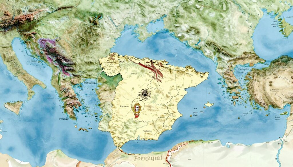 A detailed cartographic illustration showcasing the geographical borders of Spain, emphasizing its unique boundaries with neighboring countries. In the foreground, display an artistic map featuring stylized lines depicting borders, with labels for neighboring countries like Portugal and France. In the middle ground, incorporate a gentle topographical view of the Iberian Peninsula, highlighting distinct landforms such as mountains and rivers to signify natural barriers. The background features a serene coastal scene with the Mediterranean Sea, illustrating the lengthy coastline with its waves crashing against rocky shores. Soft, natural lighting enhances the colors of the landscape, creating a tranquil atmosphere. Capture this scene with a wide-angle perspective, inviting viewers to explore the geographical data visually.