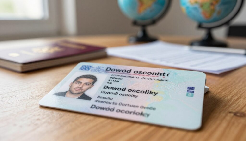 A detailed close-up of an official Polish identity card (dowód osobisty), showcasing the key features such as the photo, personal details, and distinctive holographic elements. The foreground focuses on the card lying on a smooth wooden surface, illuminated by natural light coming from a nearby window, creating soft shadows. In the middle ground, there are blurred items like a passport and a few travel-related documents subtly hinting at the theme of identity verification in travel. The background features a softly out-of-focus scene of a desk with a globe and a travel book, enhancing the atmosphere of international travel and formal documentation. The overall mood is professional and informative, inviting viewers to engage with the subject matter.