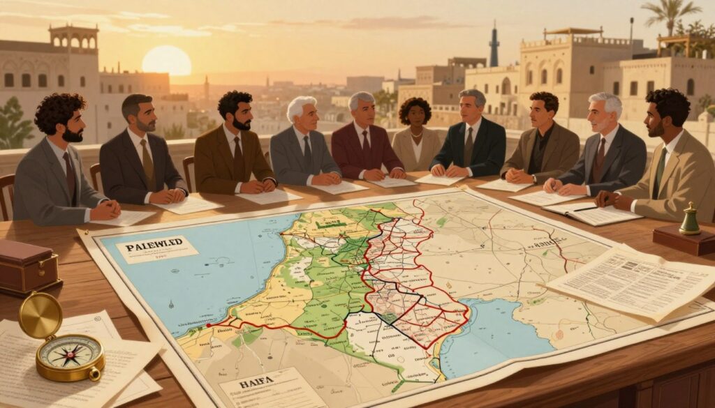 A detailed illustration capturing the essence of the British Mandate in Palestine. In the foreground, a historic map featuring borders and major cities such as Jerusalem, Haifa, and Tel Aviv, displayed prominently on a wooden table with historical documents and a vintage compass. In the middle ground, a diverse group of people in modest business attire is engaged in a discussion, representing various ethnicities and historical backgrounds, symbolizing the complex social fabric of the region during the mandate period. The background features a softly lit scene of traditional Palestinian architecture and British colonial buildings, under a warm, golden sunset sky, creating a reflective and introspective mood. The perspective is slightly elevated, giving a bird's-eye view that emphasizes the interplay of culture and history.