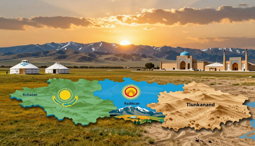 A detailed illustration depicting the distinctive characteristics of the neighboring countries of Central Asia, specifically focusing on Uzbekistan's borders with Kazakhstan, Kyrgyzstan, Tajikistan, and Turkmenistan. In the foreground, showcase representative landscapes of each country, such as the vast steppes of Kazakhstan, the mountainous terrain of Kyrgyzstan, the fertile valleys of Tajikistan, and the arid deserts of Turkmenistan. The middle ground should include iconic cultural symbols, such as traditional yurts and historical architecture. In the background, a dramatic sunset casts warm golden light across the scene, enhancing the rich colors of the earth and sky. The atmosphere is serene and inviting, reflecting the diverse cultures and natural beauty of Central Asia. Use a wide-angle perspective to capture the vastness of the region.