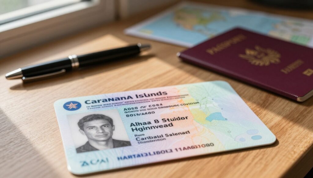 A detailed image of an official identification document from the Canary Islands, elegantly arranged on a wooden desk. In the foreground, focus on the document, showcasing its unique features like holograms and vibrant colors. The middle ground includes a neatly placed pen and a passport, hinting at travel plans. In the background, softly blurred, a map of the Canary Islands is subtly visible, enhancing the travel theme. Natural light streams in from a nearby window, casting gentle shadows that create a warm and welcoming atmosphere. The scene conveys a sense of organization and preparation for a trip, underscoring the importance of proper identification while traveling to and staying in the Canary Islands.