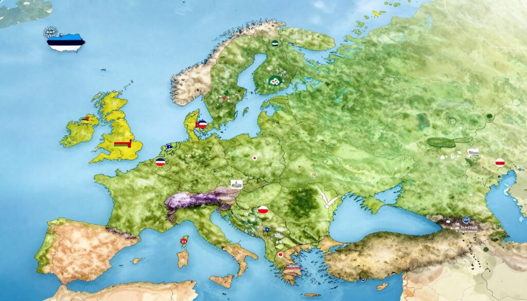 A detailed map of Europe highlighting Russia's neighboring countries, emphasizing the intricate borders. In the foreground, a clear depiction of Russia with its borders clearly defined, while the neighboring countries—Estonia, Latvia, Lithuania, Poland, Belarus, and Ukraine—are arranged artistically around it. In the middle ground, icons or symbols representing each neighboring nation, such as flags or cultural landmarks. The background is a soft gradient of blue skies blending into green landscapes, suggesting openness and connection. Use natural daylight to illuminate the scene, with a slight aerial perspective to capture the expanse of the region. The overall mood should convey a sense of harmony and geopolitical significance, suitable for a professional context.