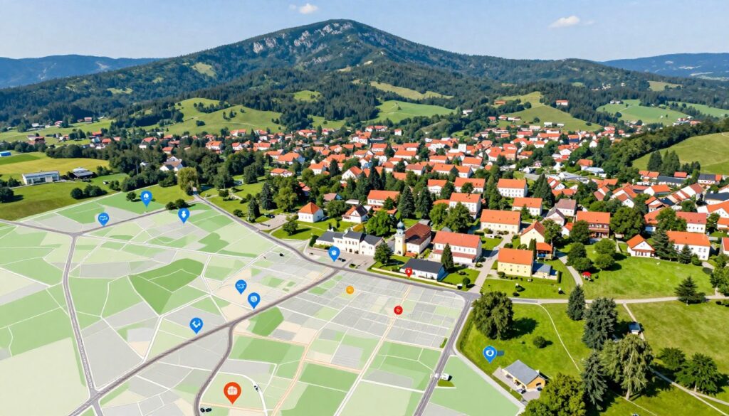 A detailed map of Kudowa-Zdrój, featuring major attractions and landmarks, rendered in a clear, vibrant style. In the foreground, include notable streets and pathways highlighted for easy navigation. The middle layer showcases key locations such as parks, spas, and historical sites, each marked with distinct icons or symbols for recognition. In the background, depict the lush greenery of the surrounding landscape and the majestic mountains that frame the town. Bright, natural lighting creates a welcoming atmosphere, while a slight tilt from an aerial perspective offers a comprehensive view of the area. The overall mood should be inviting and informative, perfect for guiding travelers in exploring Kudowa-Zdrój.