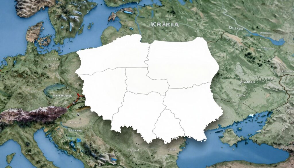 A detailed map of Poland's geographical boundaries, showcasing the neighboring countries and the physical geography that defines these borders. In the foreground, a detailed outline of Poland is highlighted, with neighboring countries like Germany, Czech Republic, Slovakia, Ukraine, Belarus, Lithuania, and Russia in muted tones. The middle ground features topographical elements such as mountains, rivers, and forests, illustrating the natural landscape shaping the borders. In the background, a soft blue sky transitions to dusk, creating a tranquil atmosphere. Soft lighting enhances the contours of the terrain, while a subtle depth-of-field effect draws attention to Poland, evoking a sense of exploration and learning about the region’s geography. The composition is clear and professional, making it suitable for educational purposes.