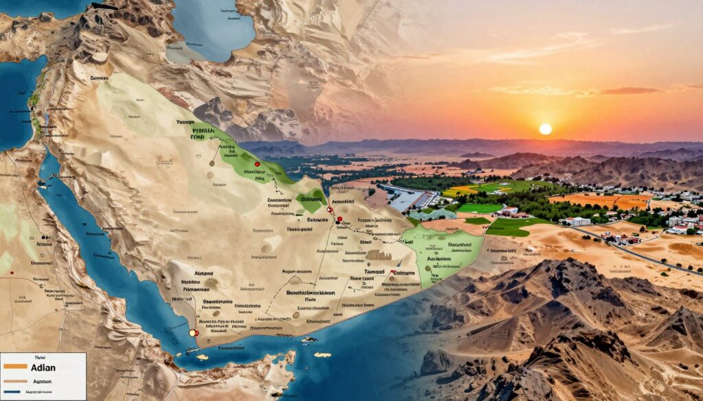 A detailed map of Southern Yemen, showcasing its geographical features and historical significance. In the foreground, include distinct landmarks like the ancient city of Aden, with its stunning coastline and bustling port, contrasted against the rugged mountains of the southern region. In the middle, display the vibrant landscape with deserts and lush areas, symbolizing the duality of Yemen’s environment. The background features a warm sunset, illuminating the horizon with hues of orange and pink, enhancing the atmosphere of rich history. The composition should be wide-angle to capture the expanse of Southern Yemen, with natural lighting emphasizing the textures of the terrain. The overall mood should evoke a sense of exploration and discovery, inviting viewers to learn more about this unique region.