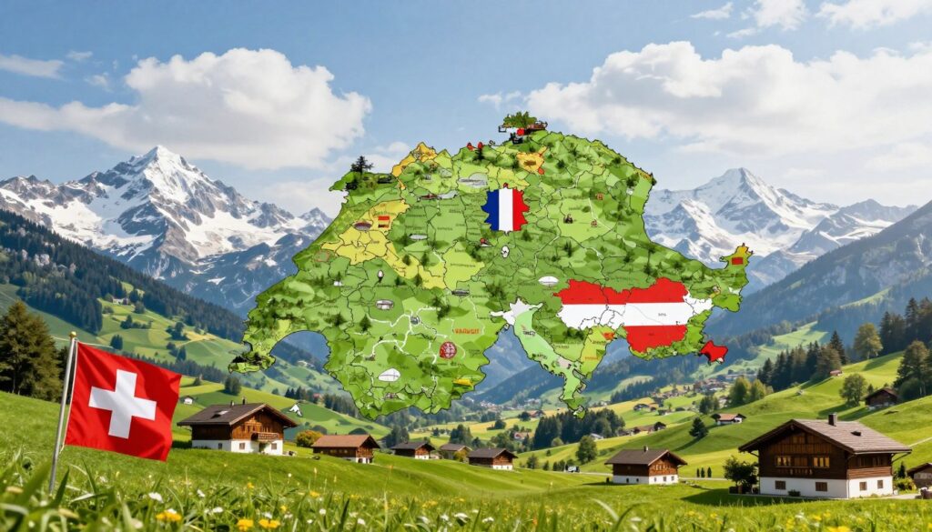 A detailed map of Switzerland in the center, showcasing its borders with neighboring countries: Germany, France, Italy, and Austria. In the foreground, a variety of Swiss symbols like the iconic Swiss flag, mountains, and traditional chalets are artistically integrated, adding cultural context. The middle ground features rolling green hills and snow-capped Alps, creating a picturesque landscape that emphasizes Switzerland’s geography. In the background, a soft blue sky with fluffy white clouds provides a serene atmosphere. The lighting is bright and natural, suggesting a sunny day, with a wide-angle view to capture the expansive beauty of the region. The overall mood is inviting and educational, showcasing Switzerland's unique position in the heart of Europe. A detailed map of Switzerland in the center, showcasing its borders with neighboring countries: Germany, France, Italy, and Austria. In the foreground, a variety of Swiss symbols like the iconic Swiss flag, mountains, and traditional chalets are artistically integrated, adding cultural context. The middle ground features rolling green hills and snow-capped Alps, creating a picturesque landscape that emphasizes Switzerland’s geography. In the background, a soft blue sky with fluffy white clouds provides a serene atmosphere. The lighting is bright and natural, suggesting a sunny day, with a wide-angle view to capture the expansive beauty of the region. The overall mood is inviting and educational, showcasing Switzerland's unique position in the heart of Europe.