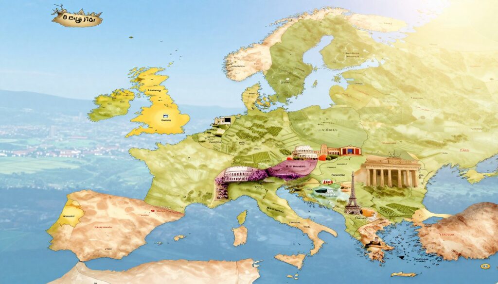 A detailed map of Western Europe highlighting France and its neighboring countries, including Belgium, Luxembourg, Germany, Switzerland, Italy, and Spain. In the foreground, feature a stylized border with artistic elements such as iconic landmarks from these neighboring countries, like the Eiffel Tower, Berlin's Brandenburg Gate, and the Colosseum. In the middle ground, depict a softly blurred landscape transitioning between these nations, showcasing rolling hills, vineyards, and urban skylines. The background should feature a clear blue sky with gentle sunlight illuminating the scene, creating a warm and inviting mood. Use a wide-angle perspective to capture the breadth of the geographical relationships, emphasizing the connectivity between these nations without any text or overlays. A detailed map of Western Europe highlighting France and its neighboring countries, including Belgium, Luxembourg, Germany, Switzerland, Italy, and Spain. In the foreground, feature a stylized border with artistic elements such as iconic landmarks from these neighboring countries, like the Eiffel Tower, Berlin's Brandenburg Gate, and the Colosseum. In the middle ground, depict a softly blurred landscape transitioning between these nations, showcasing rolling hills, vineyards, and urban skylines. The background should feature a clear blue sky with gentle sunlight illuminating the scene, creating a warm and inviting mood. Use a wide-angle perspective to capture the breadth of the geographical relationships, emphasizing the connectivity between these nations without any text or overlays.