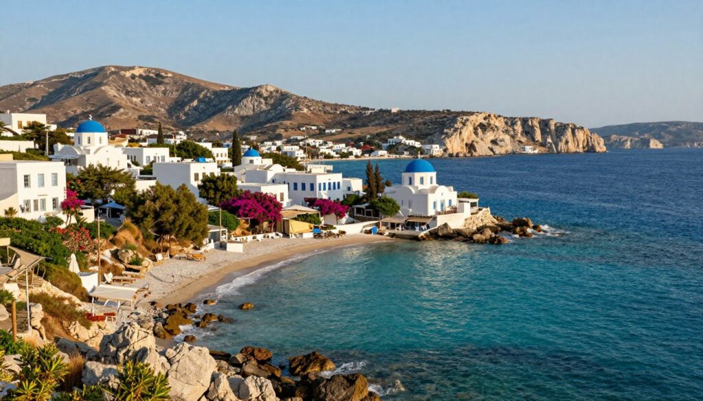 A detailed, panoramic coastal view of Greece's islands, showcasing the significance of these landforms in the country's geography. In the foreground, vivid turquoise waters gently lap against rocky shores, with lush greenery and white sandy beaches. The middle ground features a series of iconic Greek islands, characterized by traditional whitewashed buildings, blue-domed churches, and vibrant bougainvillea. In the background, hills and cliffs rise majestically, framed by a clear blue sky. Soft, warm sunlight bathes the scene, creating a tranquil, inviting atmosphere. The perspective is from a slightly elevated angle, capturing the intricate coastline and the interplay of land and sea, emphasizing the importance of islands in defining Greece's borders and culture.