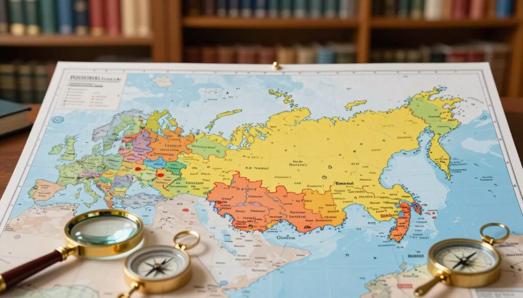 A detailed political map illustrating Russia's land and maritime borders, focused on methods of neighbor verification. In the foreground, include visual elements signifying verification methods, such as magnifying glasses, compasses, and geographic tools, arranged aesthetically on a desk. The middle ground features a large, clear political map of Russia displaying neighboring countries with highlighted borders, in vivid colors for clarity. In the background, a softly blurred library filled with books on geography and diplomacy, with warm, ambient lighting creating a scholarly yet inviting atmosphere. The composition should evoke a sense of professionalism and inquiry, inviting the viewer to explore the complexities of political borders and neighbor verification.