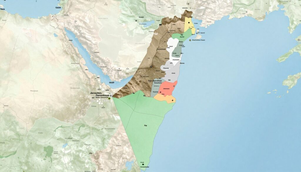 A detailed political map of Palestine, highlighting key geographical features and administrative boundaries. In the foreground, include symbols representing different administrative zones, such as colored sections for areas controlled by various authorities. In the middle ground, illustrate prominent cities, such as Jerusalem, Ramallah, and Gaza, with small icons or markers for clarity. The background should be a subtle gradient of light blue and green, creating a peaceful setting. Use soft, diffused lighting to enhance visibility, and a bird's-eye view angle to provide an expansive perspective. Convey a mood of clarity and professionalism, emphasizing the current political status and administrative divisions without any text or overlays.