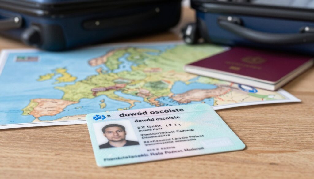 A detailed scene depicting a Polish "dowód osobisty" (identity card) on a wooden table. In the foreground, the identity card should be prominently displayed, showcasing its colors, text, and security features like holograms and a photo slot, lit by soft, natural light. In the middle ground, a blurred map of Europe, emphasizing the Schengen area, subtly suggests international travel. The background features a well-organized travel setup, including a suitcase, a passport, and a travel guide, all contributing to the theme of border crossing regulations. The mood is informative and professional, evoking a sense of preparation and clarity related to travel. The image should have a shallow depth of field to keep the focus on the identity card while the surrounding elements remain soft and subdued.