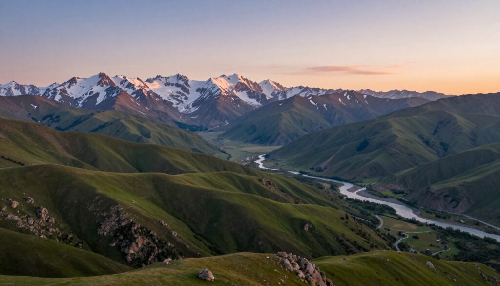 A detailed topographic view of Armenia, showcasing its diverse terrain. In the foreground, display gentle rolling hills with patches of rich green grass, interspersed with rocky outcrops. In the middle ground, illustrate a striking contrast with the majestic snow-capped peaks of the Caucasus Mountains, their rugged textures highlighted by the golden light of sunrise. Include a meandering river that flows through the valleys, reflecting the soft hues of dawn. In the background, enhance the atmosphere with a serene sky painted in gentle pastel colors, creating a tranquil mood. Use a panoramic lens to capture the vastness of the landscape, emphasizing the geographical features that define Armenia's unique topography. The overall scene should evoke a sense of natural beauty and peaceful isolation.