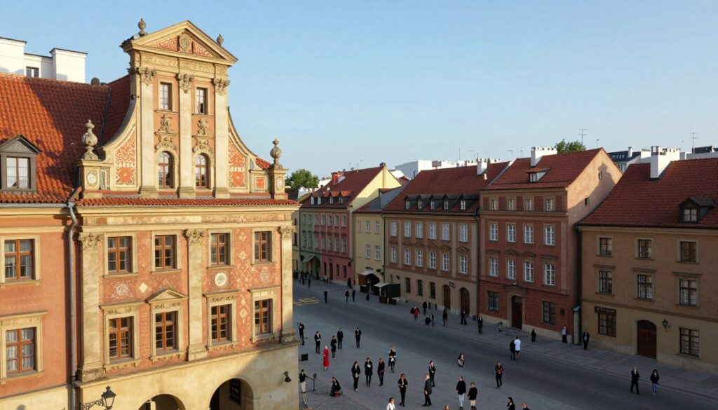 A detailed view of Polish architectural influences in a vibrant urban landscape, featuring ornate buildings inspired by Polish design elements. In the foreground, showcase a historically significant building with intricate carvings and a distinct roofline, adorned with traditional Polish motifs. The middle ground should contain bustling streets showcasing people dressed in professional attire, exploring the area, and admiring the architecture. In the background, highlight a serene skyline against a clear blue sky, with hints of greenery peeking through urban structures. Soft, warm lighting casts inviting shadows, creating a lively yet tranquil atmosphere, evoking a sense of cultural richness and historical depth. Capture the essence of cultural interaction and architectural beauty in this scene.