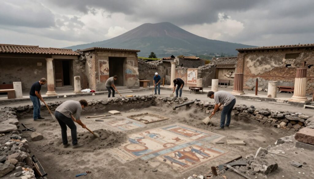A dramatic archaeological scene depicting the uncovering of ancient ruins beneath a thick layer of ash. In the foreground, a team of archaeologists, dressed in modest, professional attire, carefully brushes away the ash to reveal intricately detailed frescoes and stone structures. The middle ground features partially unearthed walls and columns, with tools and excavation equipment scattered around. In the background, the silhouette of Mount Vesuvius looms under a moody, overcast sky, emphasizing the historical significance of the discovery. Soft, diffused lighting casts gentle shadows, enhancing the textures of the ash and stone. The atmosphere is one of reverence and awe, capturing the moment of unveiling a lost civilization. A dramatic archaeological scene depicting the uncovering of ancient ruins beneath a thick layer of ash. In the foreground, a team of archaeologists, dressed in modest, professional attire, carefully brushes away the ash to reveal intricately detailed frescoes and stone structures. The middle ground features partially unearthed walls and columns, with tools and excavation equipment scattered around. In the background, the silhouette of Mount Vesuvius looms under a moody, overcast sky, emphasizing the historical significance of the discovery. Soft, diffused lighting casts gentle shadows, enhancing the textures of the ash and stone. The atmosphere is one of reverence and awe, capturing the moment of unveiling a lost civilization.