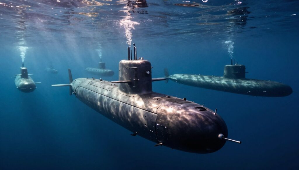 A dramatic underwater scene featuring a fleet of submarines gliding smoothly through the deep ocean. In the foreground, a sleek, modern submarine with intricate details and a reflective surface is illuminated by shafts of sunlight piercing through the water. In the middle ground, several submarines are visible, showcasing various military designs and colors, creating a sense of depth and variety. The background reveals a faint silhouette of underwater volcanic formations, hinting at Kamchatka's rugged geography. The mood is both tense and serene, capturing the strategic importance of submarines in this remote, volcanic region. The lighting is moody yet clear, mimicking the ethereal light quality found underwater, and the angle is slightly below the surface, emphasizing the submarines’ power and agility.
