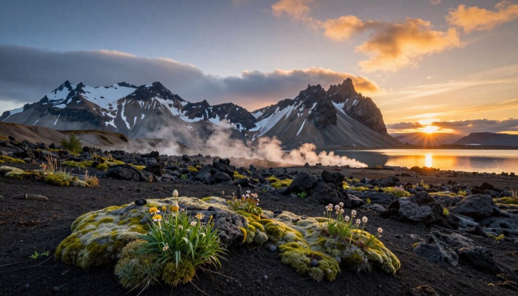 A dramatic volcanic landscape showcasing the raw power of nature on the Kamchatka Peninsula, Russia. In the foreground, a rugged black lava field is interspersed with vibrant green patches of moss and hardy wildflowers, depicting the resilience of life. The middle ground features towering, snow-capped volcanoes, their jagged peaks piercing the clouds, casting shadows on the terrain. A gentle, glowing sunset bathes the scene in warm golden and orange hues, creating a stark contrast with the cool blues of the sky. Wisps of steam rise from the ground, hinting at geothermal activity, while a clear lake reflects the majestic mountains, adding depth to the image. The atmosphere feels both serene and powerful, evoking awe at nature's beauty and intensity.