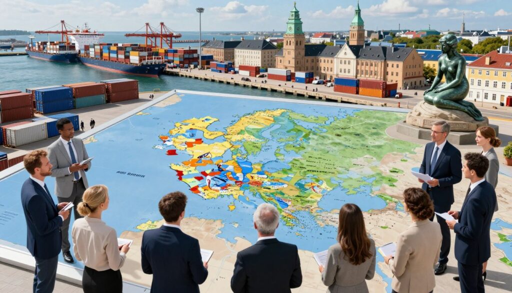 A dynamic, detailed depiction of international trade, centered around Denmark's geographical borders. In the foreground, a diverse group of business professionals in business attire is engaged in a discussion around a large digital map that illustrates Denmark's land and maritime boundaries. The middle ground showcases shipping containers and cargo ships in a busy port, symbolizing maritime trade routes. In the background, iconic Danish landmarks, such as the Little Mermaid statue and coastal landscapes, create a sense of place. The atmosphere is vibrant and energetic, reflecting the bustling nature of international commerce. Lighting should be bright and optimistic, capturing the essence of opportunity in trade. The perspective is slightly elevated, giving a clear view of the entire scene.