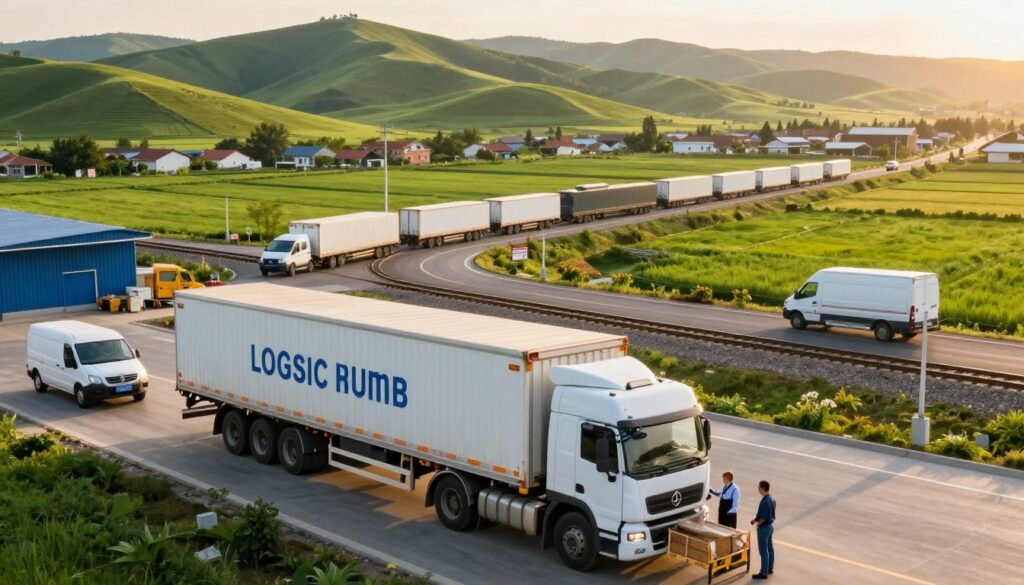 A dynamic logistic hub showcasing the importance of transport in a landlocked country. In the foreground, a modern freight truck is unloading cargo at a bustling warehouse, with workers in professional business attire coordinating the operation. The middle ground features a network of roads and railways, symbolizing connectivity, with trains and delivery vans moving efficiently. In the background, rolling green hills reflect the agricultural ties to the economy, while small villages dot the landscape, emphasizing local trade. The scene is captured at golden hour, with warm sunlight illuminating the transport activities, creating a vibrant and optimistic atmosphere, highlighting the logistical significance for economic prosperity. The perspective is slightly elevated, offering a comprehensive view of the bustling transport network.