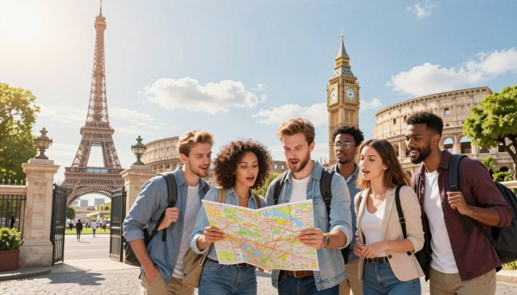 A dynamic scene showcasing various European landmarks subtly blended together to represent the idea of travel exceptions without the need for a passport. In the foreground, a diverse group of people dressed in smart casual attire stands together, looking at a map with expressions of curiosity and excitement. The middle ground features iconic European architecture, like the Eiffel Tower, Colosseum, and Big Ben, intertwined with elements denoting ease of travel, such as open gates and vibrant greenery. In the background, a bright, sunny sky adds a warm and inviting atmosphere, casting soft shadows. The composition should feel balanced and lively, encouraging a sense of exploration and cultural exchange within Europe. A dynamic scene showcasing various European landmarks subtly blended together to represent the idea of travel exceptions without the need for a passport. In the foreground, a diverse group of people dressed in smart casual attire stands together, looking at a map with expressions of curiosity and excitement. The middle ground features iconic European architecture, like the Eiffel Tower, Colosseum, and Big Ben, intertwined with elements denoting ease of travel, such as open gates and vibrant greenery. In the background, a bright, sunny sky adds a warm and inviting atmosphere, casting soft shadows. The composition should feel balanced and lively, encouraging a sense of exploration and cultural exchange within Europe.