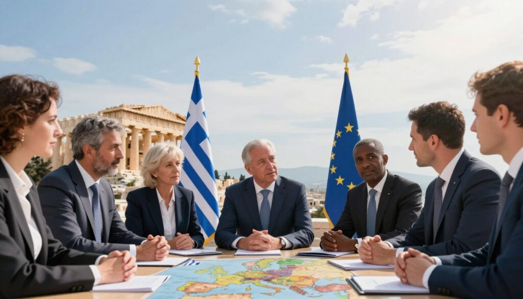 A harmonious scene depicting Greece's role in international structures and the European Union. In the foreground, a diverse group of officials in professional business attire, including men and women of various ethnicities, engage in a thoughtful discussion around a conference table with a map of Europe spread out. The middle ground features iconic Greek symbols such as the Parthenon and the blue and white flag, subtly blended with EU symbols like the circle of stars. In the background, a bright sky with soft, diffused sunlight enhances the atmosphere of collaboration and unity. The angle should capture both the officials' faces, expressing determination and hope, and the cultural landmarks, symbolizing Greece’s rich heritage and its pivotal role in European affairs.