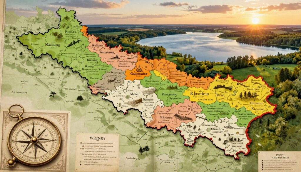 A historic map depicting the evolving borders of the Masurian region over centuries, showcasing vibrant landscapes dotted with lakes and forests. In the foreground, a detailed compass rose and ancient cartographic symbols, highlighting the passage of time. The middle ground features a blend of classic map elements, including ornate legends and shifting boundary lines, illustrating the changes through vibrant colors. The background encompasses a serene view of the Mazurian lakes under a soft, golden sunset, reflecting the tranquility of the region. The overall mood is one of nostalgia and exploration, inviting viewers to ponder the rich history of the area. The lighting is warm and inviting, enhancing the natural beauty of the lakes and greenery.