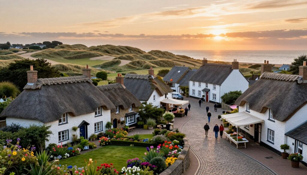 A historical view of the coastal village of Rowy, showcasing its charming architecture and lush greenery. In the foreground, traditional cottages with thatched roofs and colorful flowers bloom in neat gardens. The middle layer features winding cobblestone streets leading to a quaint market square, where modestly dressed locals interact. In the background, gently rolling sand dunes meet the sea, with vibrant sunsets casting a warm glow over the landscape. The atmosphere is peaceful and nostalgic, inviting viewers to explore Rowy's rich past. Capture this scene with soft, golden lighting, simulating a late afternoon glow, using a wide-angle lens for an immersive perspective, emphasizing both the village's historical charm and its natural beauty. A historical view of the coastal village of Rowy, showcasing its charming architecture and lush greenery. In the foreground, traditional cottages with thatched roofs and colorful flowers bloom in neat gardens. The middle layer features winding cobblestone streets leading to a quaint market square, where modestly dressed locals interact. In the background, gently rolling sand dunes meet the sea, with vibrant sunsets casting a warm glow over the landscape. The atmosphere is peaceful and nostalgic, inviting viewers to explore Rowy's rich past. Capture this scene with soft, golden lighting, simulating a late afternoon glow, using a wide-angle lens for an immersive perspective, emphasizing both the village's historical charm and its natural beauty.